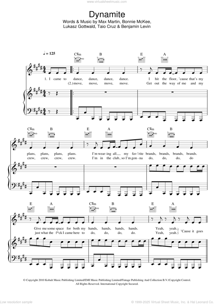 Dynamite sheet music for voice, piano or guitar by Taio Cruz, Benjamin Levin, Bonnie McKee, Lukasz Gottwald and Max Martin, intermediate skill level