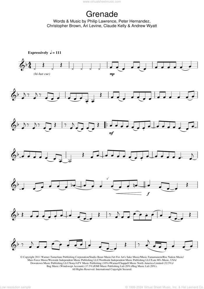 Grenade sheet music for alto saxophone solo by Bruno Mars, Andrew Wyatt, Ari Levine, Chris Brown, Claude Kelly, Peter Hernandez and Philip Lawrence, intermediate skill level