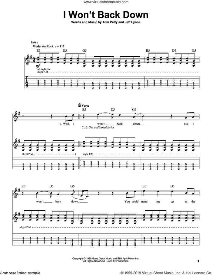 I Won't Back Down sheet music for guitar (tablature, play-along) by Tom Petty and Jeff Lynne, intermediate skill level