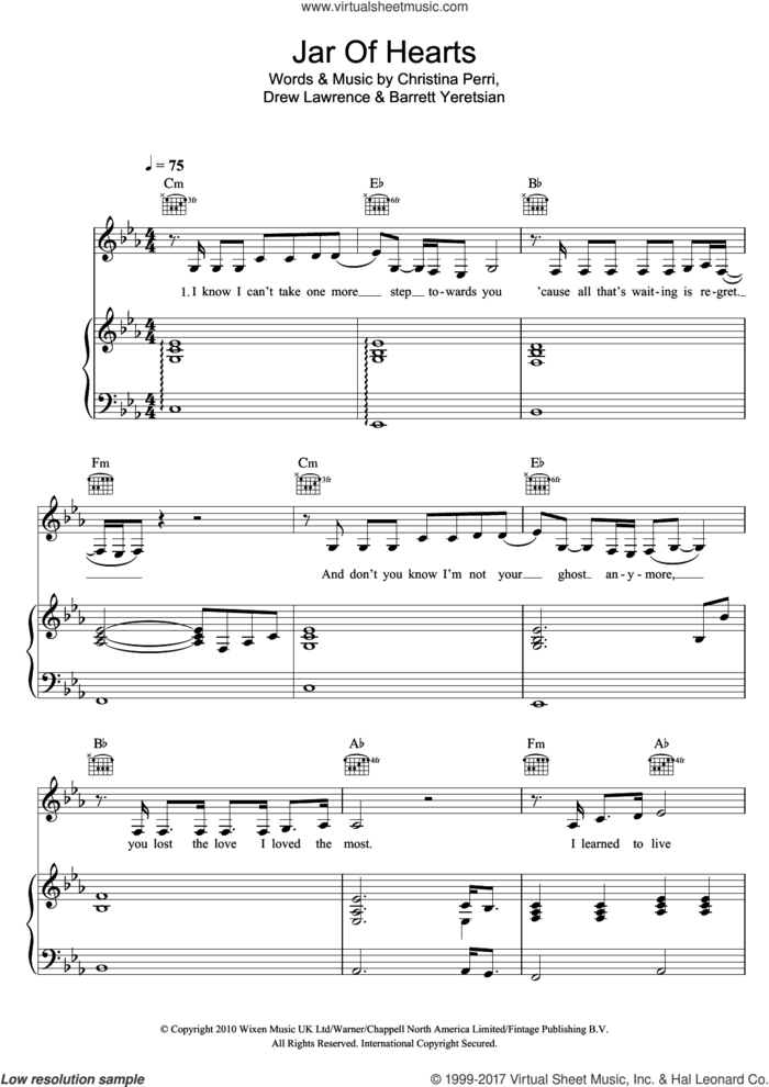 Jar Of Hearts sheet music for voice, piano or guitar by Christina Perri, Barrett Yeretsian and Drew Lawrence, intermediate skill level