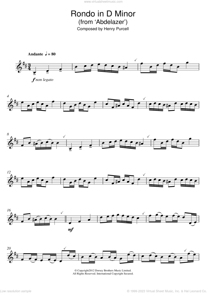 Rondo in D Minor (from Abdelazer) sheet music for alto saxophone solo by Henry Purcell, classical score, intermediate skill level