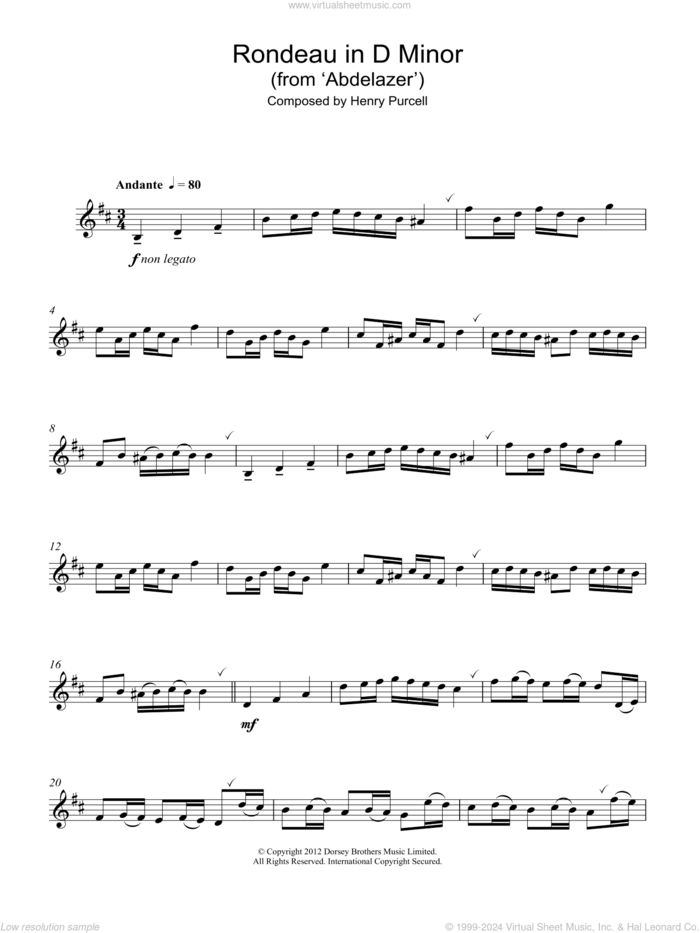 Rondeau in D Minor (from Abdelazer) sheet music for alto saxophone solo by Henry Purcell, classical score, intermediate skill level