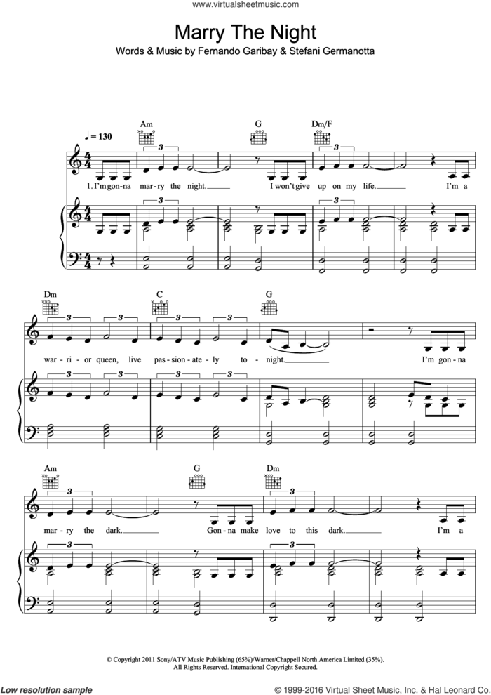 Marry The Night sheet music for voice, piano or guitar by Lady Gaga and Fernando Garibay, intermediate skill level