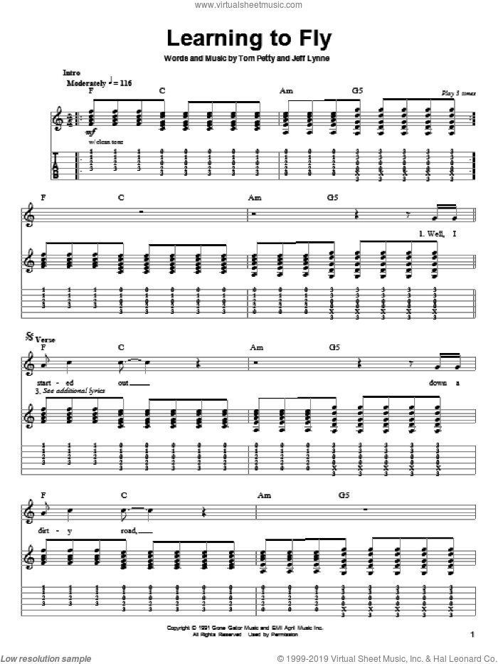 Learning To Fly sheet music for guitar (tablature, play-along) by Tom Petty And The Heartbreakers, Jeff Lynne and Tom Petty, intermediate skill level