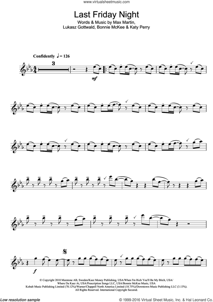 Last Friday Night sheet music for alto saxophone solo by Katy Perry, Bonnie McKee, Lukasz Gottwald and Max Martin, intermediate skill level