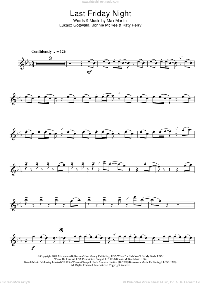 Last Friday Night sheet music for alto saxophone solo by Katy Perry, Bonnie McKee, Lukasz Gottwald and Max Martin, intermediate skill level