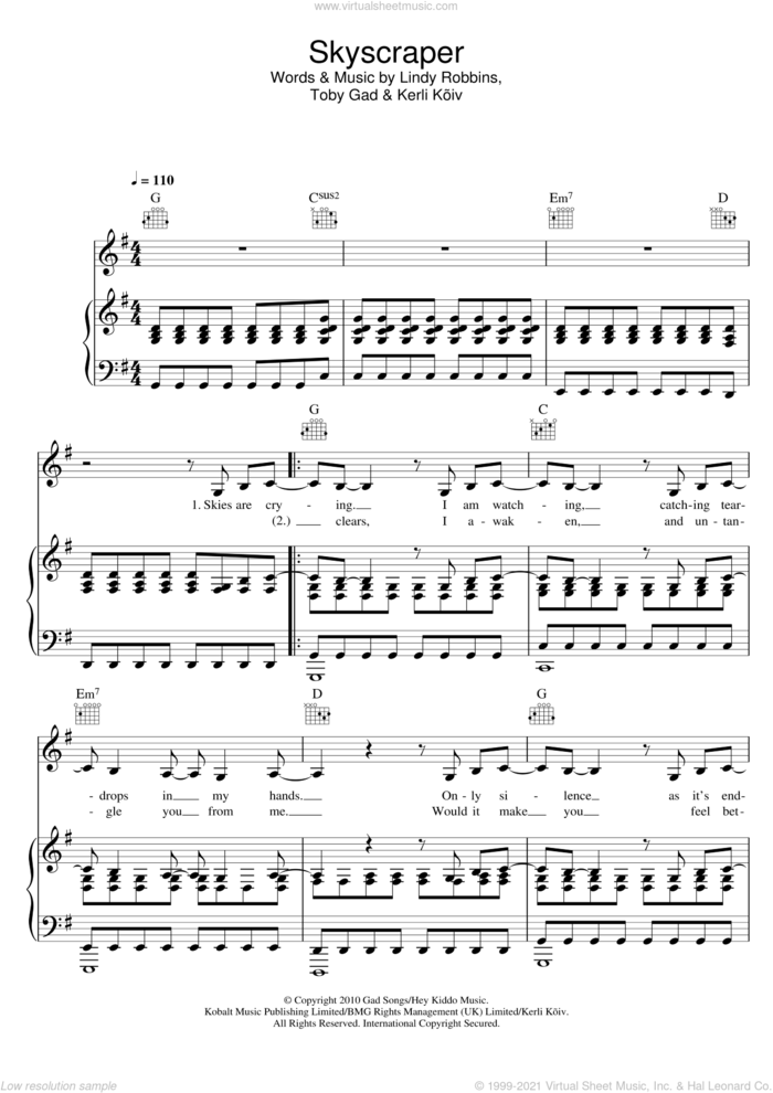 Skyscraper sheet music for voice, piano or guitar by Demi Lovato, Sam Bailey, Kerli Koiv, Lindy Robbins and Toby Gad, intermediate skill level