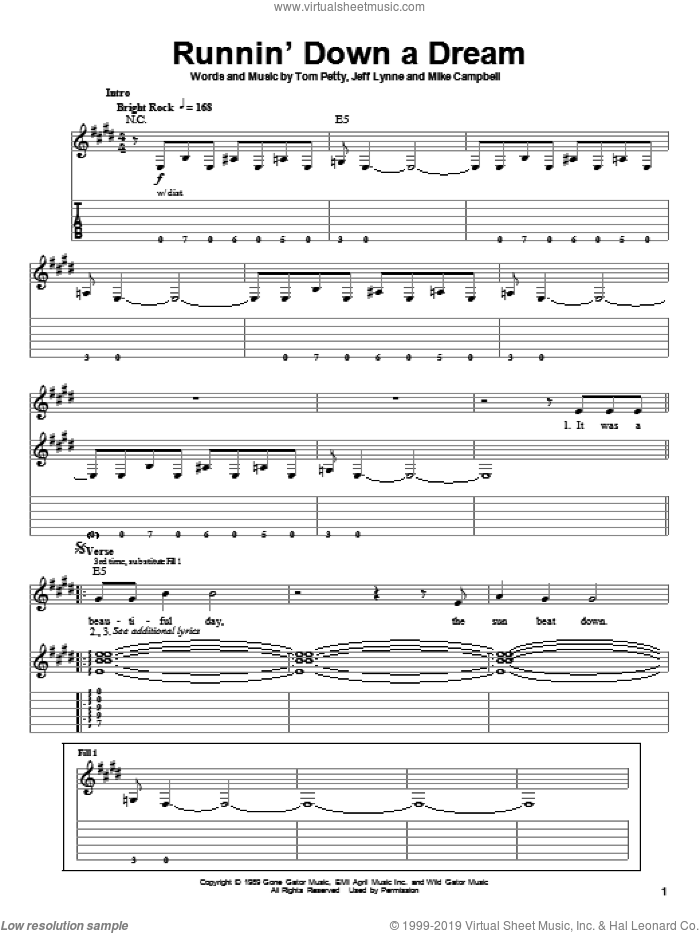 Runnin' Down A Dream sheet music for guitar (tablature, play-along) by Tom Petty, Jeff Lynne and Mike Campbell, intermediate skill level