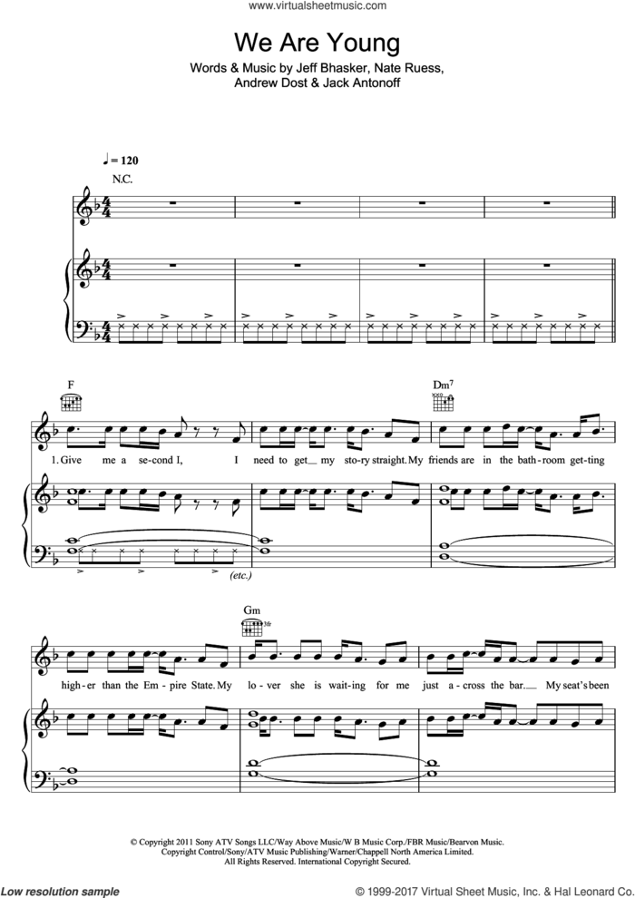 We Are Young sheet music for voice, piano or guitar by Jeff Bhasker, Fun, Andrew Dost, Jack Antonoff and Nate Ruess, intermediate skill level