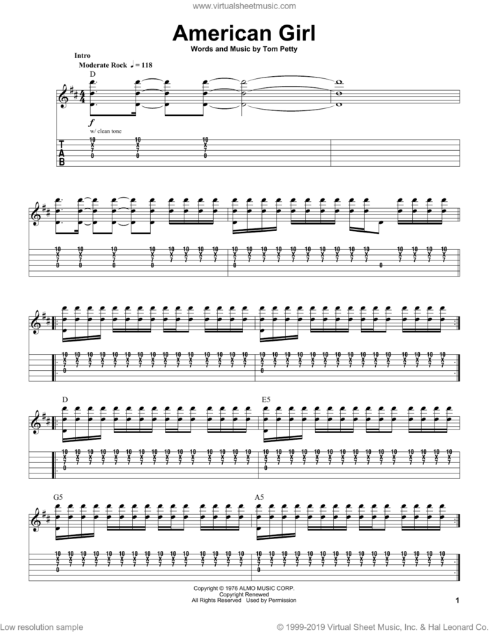 American Girl sheet music for guitar (tablature, play-along) by Tom Petty And The Heartbreakers and Tom Petty, intermediate skill level