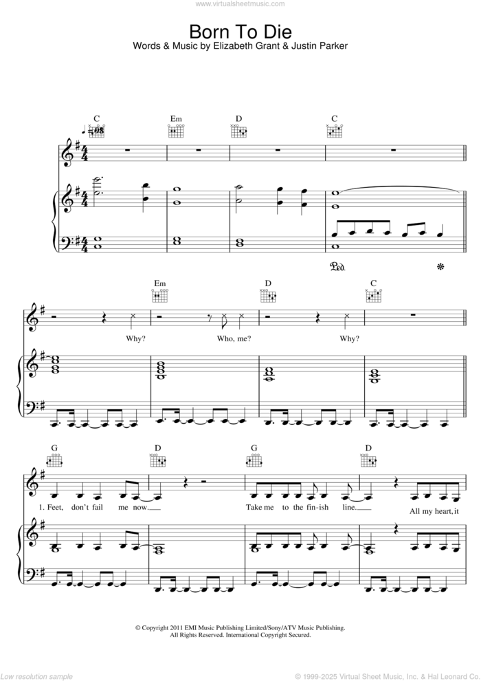 Born To Die sheet music for voice, piano or guitar by Lana Del Rey, Elizabeth Grant and Justin Parker, intermediate skill level