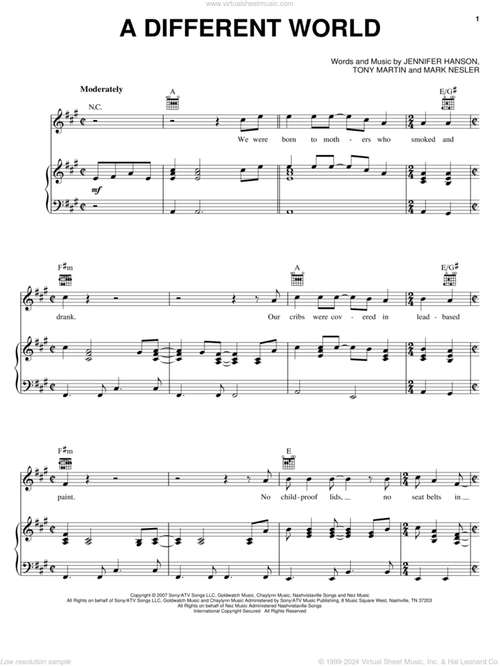 A Different World sheet music for voice, piano or guitar by Bucky Covington, Jennifer Hanson, Mark Nesler and Tony Martin, intermediate skill level
