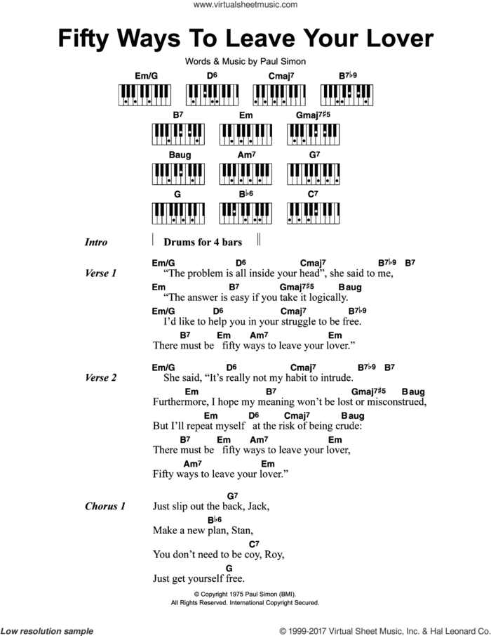 Fifty Ways To Leave Your Lover sheet music for piano solo (chords, lyrics, melody) by Paul Simon, intermediate piano (chords, lyrics, melody)
