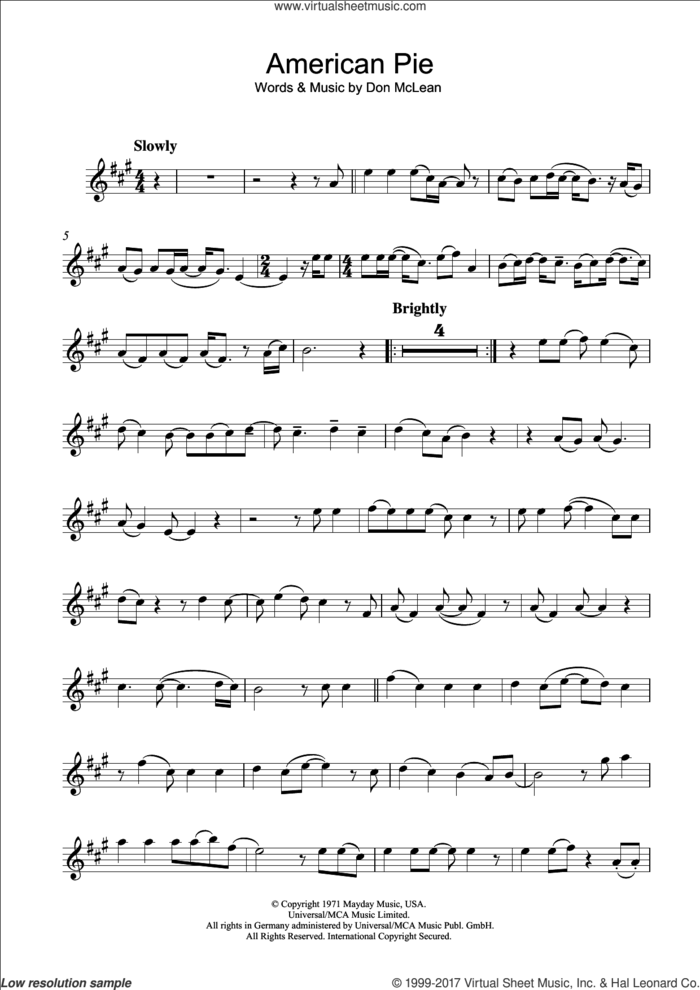 American Pie sheet music for alto saxophone solo by Don McLean and Madonna, intermediate skill level