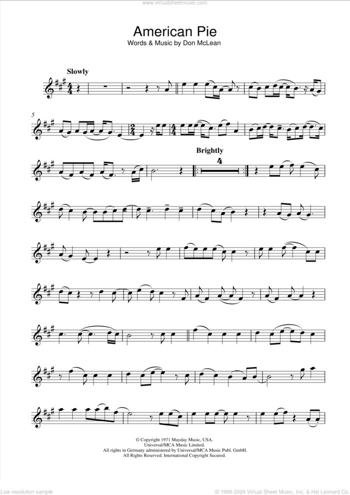 American Pie sheet music for alto saxophone solo by Don McLean and Madonna, intermediate skill level