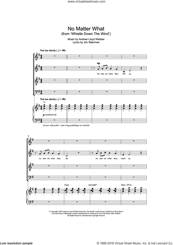 No Matter What (from Whistle Down The Wind) sheet music for choir (SATB: soprano, alto, tenor, bass) by Boyzone, Andrew Lloyd Webber and Jim Steinman, intermediate skill level