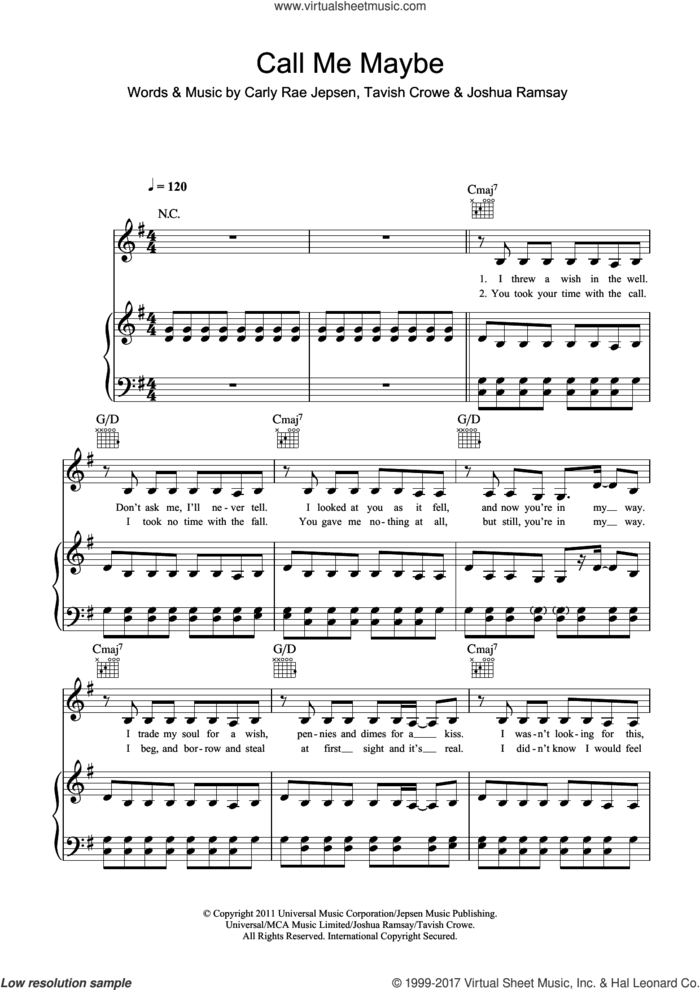 Call Me Maybe sheet music for voice, piano or guitar by Carly Rae Jepsen, Joshua Ramsay and Tavish Crowe, intermediate skill level