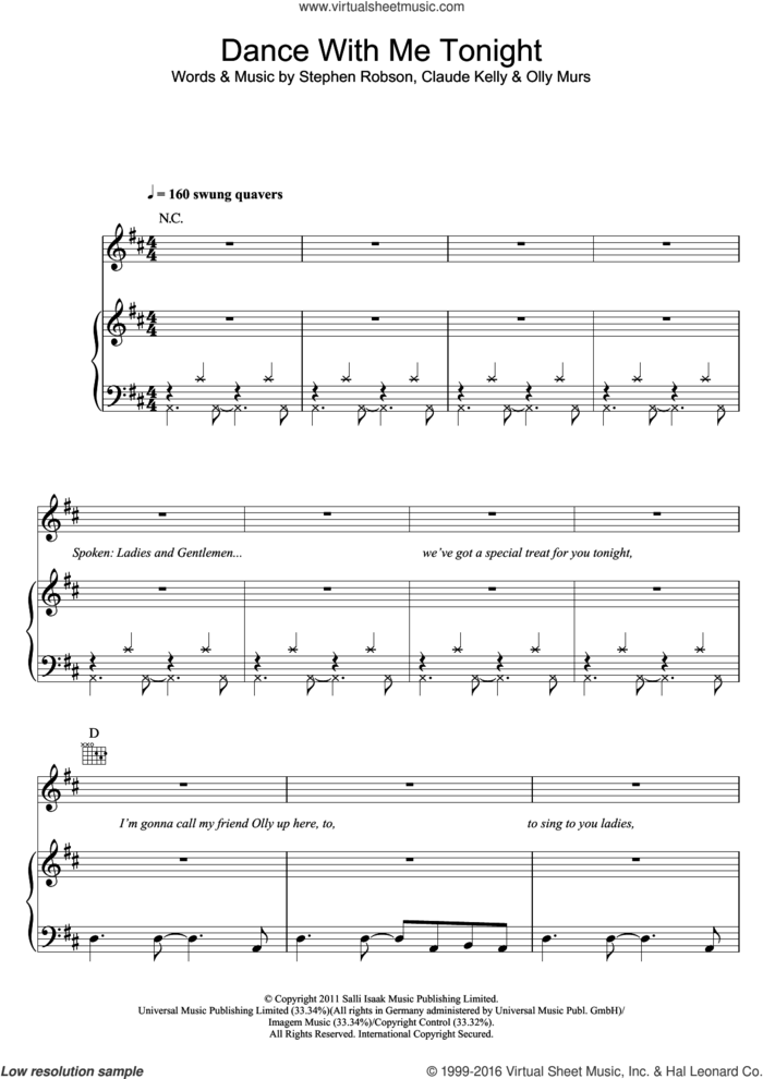 Dance With Me Tonight sheet music for voice, piano or guitar by Olly Murs, Claude Kelly and Steve Robson, intermediate skill level