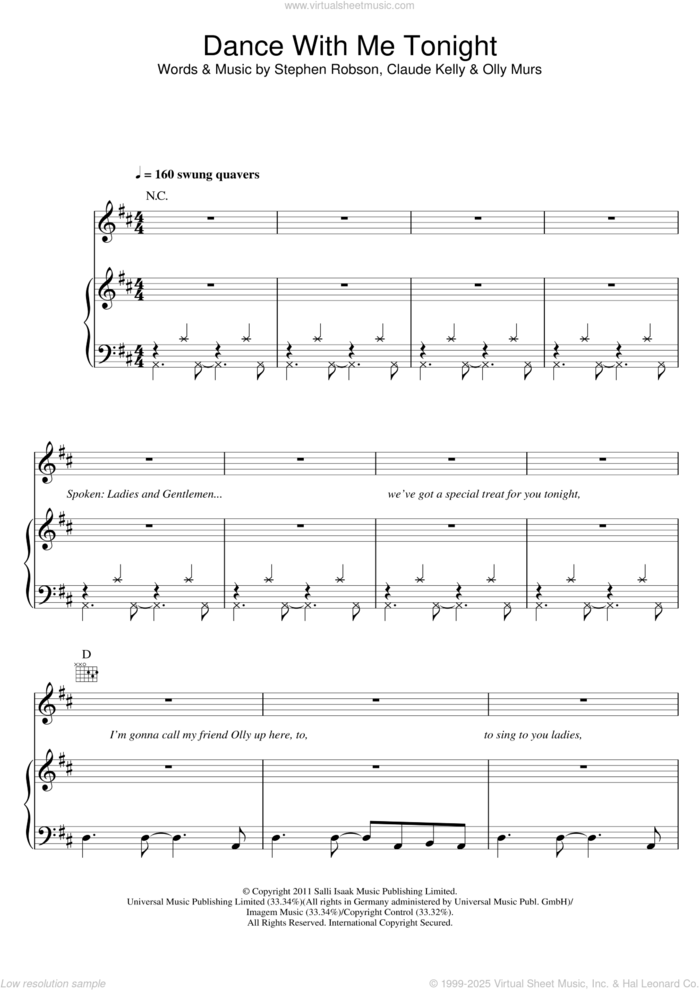 Dance With Me Tonight sheet music for voice, piano or guitar by Olly Murs, Claude Kelly and Steve Robson, intermediate skill level