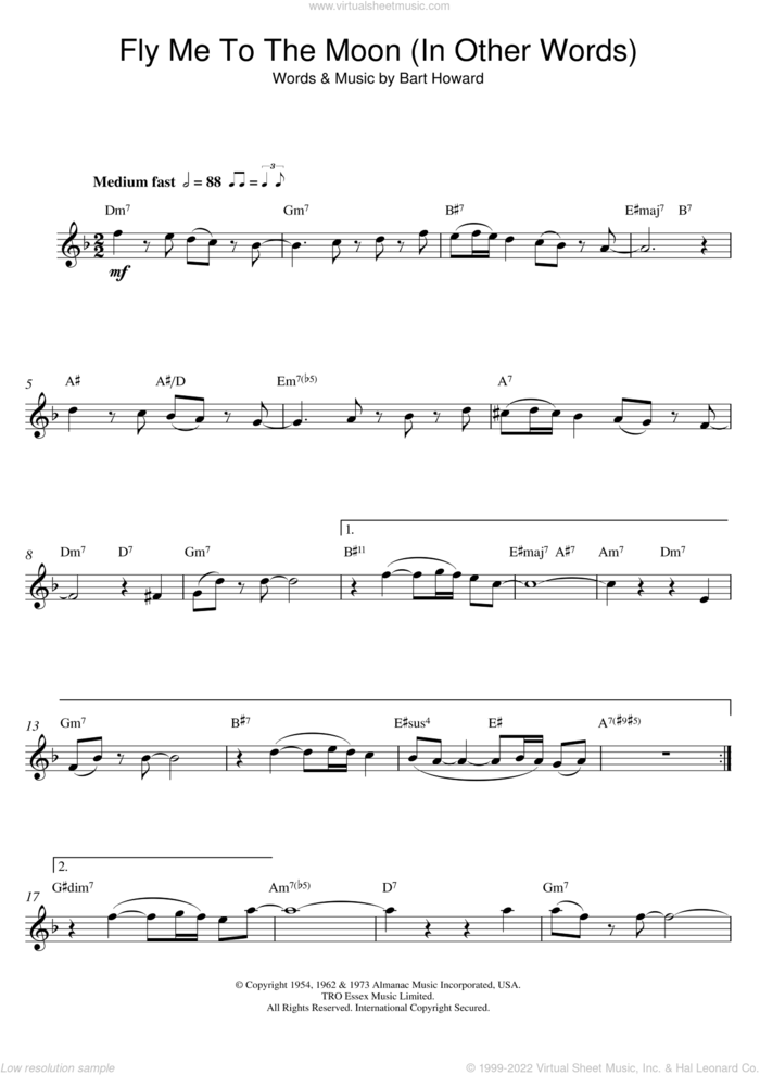 Fly Me To The Moon (In Other Words) sheet music for alto saxophone solo by Frank Sinatra, Diana Krall and Bart Howard, wedding score, intermediate skill level