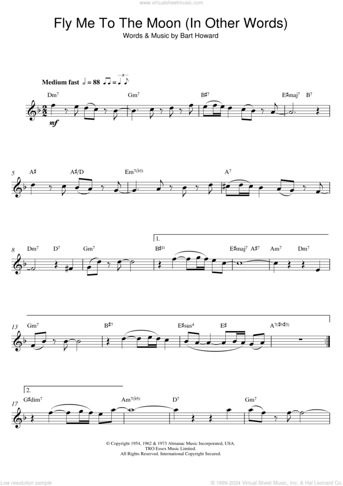 Fly Me To The Moon (In Other Words) sheet music for alto saxophone solo by Frank Sinatra, Diana Krall and Bart Howard, wedding score, intermediate skill level