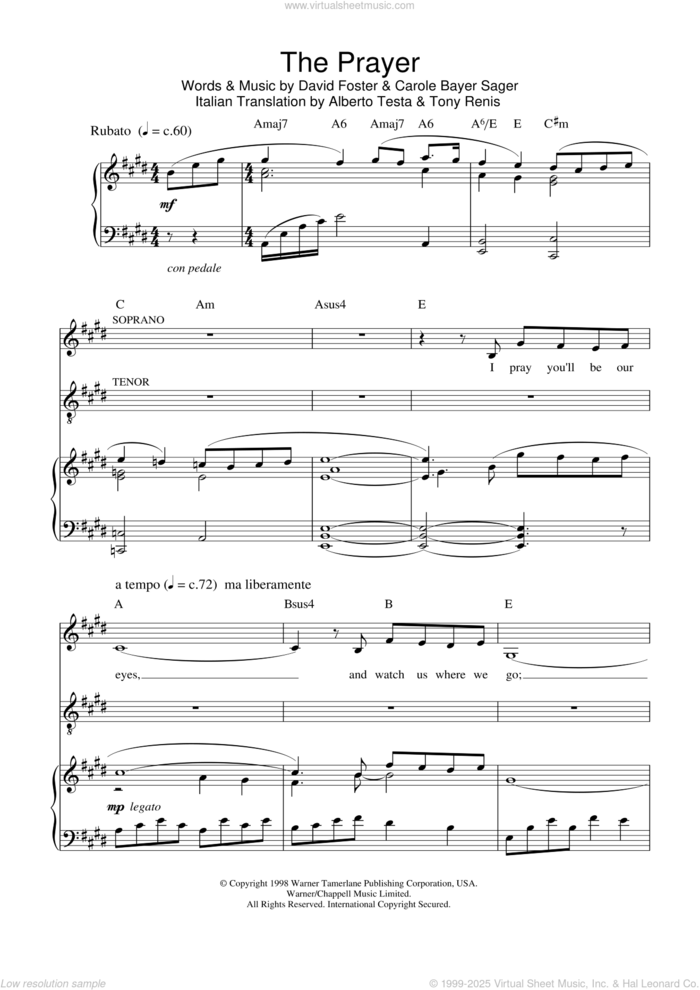 The Prayer sheet music for voice, piano or guitar by Charlotte Church, Andrea Bocelli, Josh Groban & Charlotte Church, Carole Bayer Sager Italian Translation by Alberto Testa, David Foster and Tony Renis, intermediate skill level