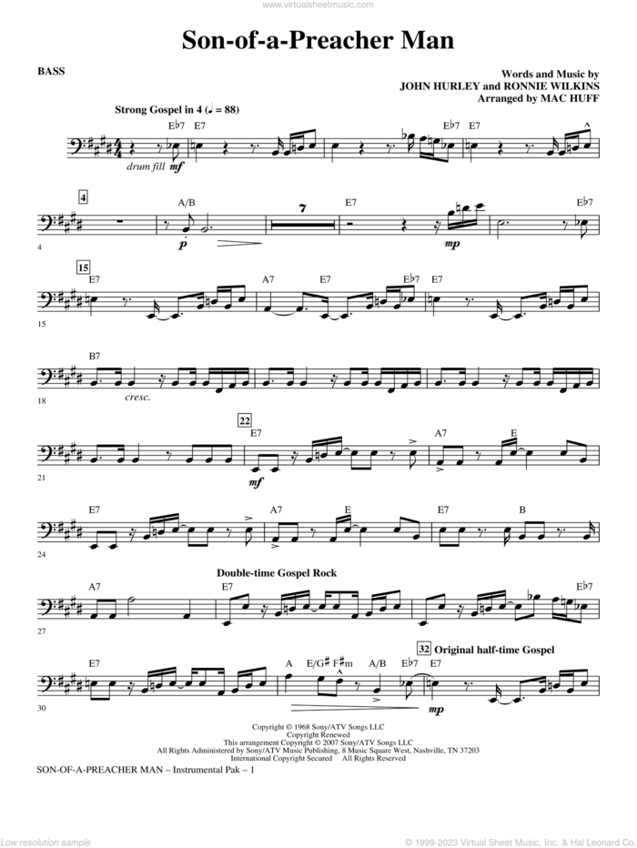 Son-of-a-Preacher Man sheet music for orchestra/band (bass) by Mac Huff, Dusty Springfield, John Hurley and Ronnie Wilkins, intermediate skill level