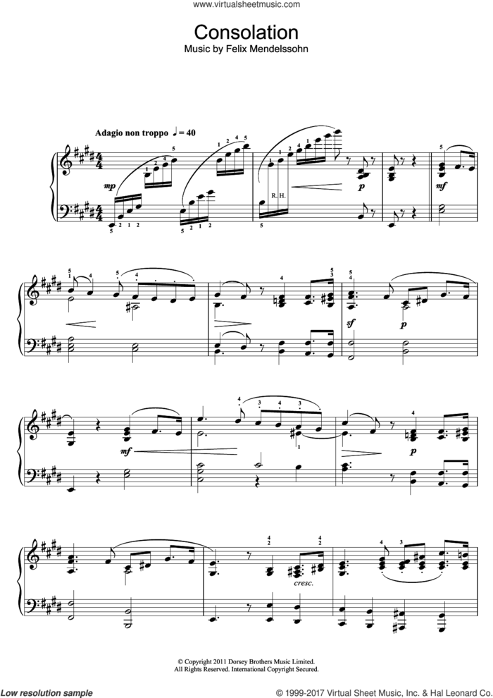 Consolation sheet music for piano solo by Felix Mendelssohn-Bartholdy, classical score, intermediate skill level