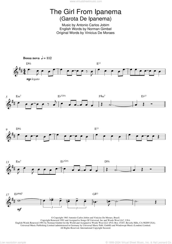 The Girl From Ipanema (Garota De Ipanema) sheet music for alto saxophone solo by Antonio Carlos Jobim, Norman Gimbel and Vinicius de Moraes, intermediate skill level