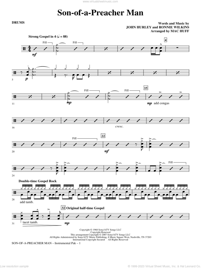 Son-of-a-Preacher Man sheet music for orchestra/band (drums) by Mac Huff, Dusty Springfield, John Hurley and Ronnie Wilkins, intermediate skill level