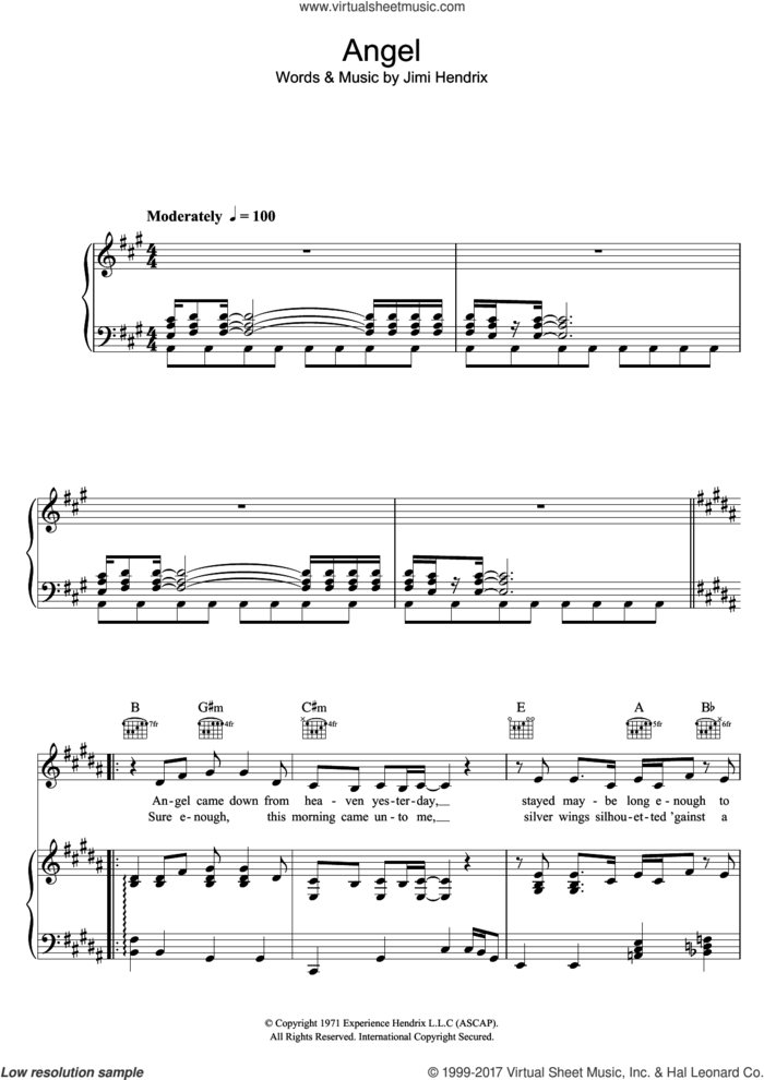 Angel sheet music for voice, piano or guitar by Jimi Hendrix, intermediate skill level