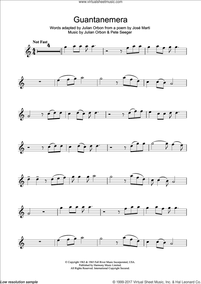 Guantanamera sheet music for alto saxophone solo by Pete Seeger, JosAA Marti and Jose Marti, intermediate skill level