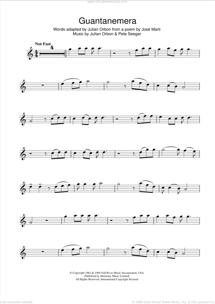 Guantanamera sheet music for alto saxophone solo by Pete Seeger, JosAA Marti and Jose Marti, intermediate skill level