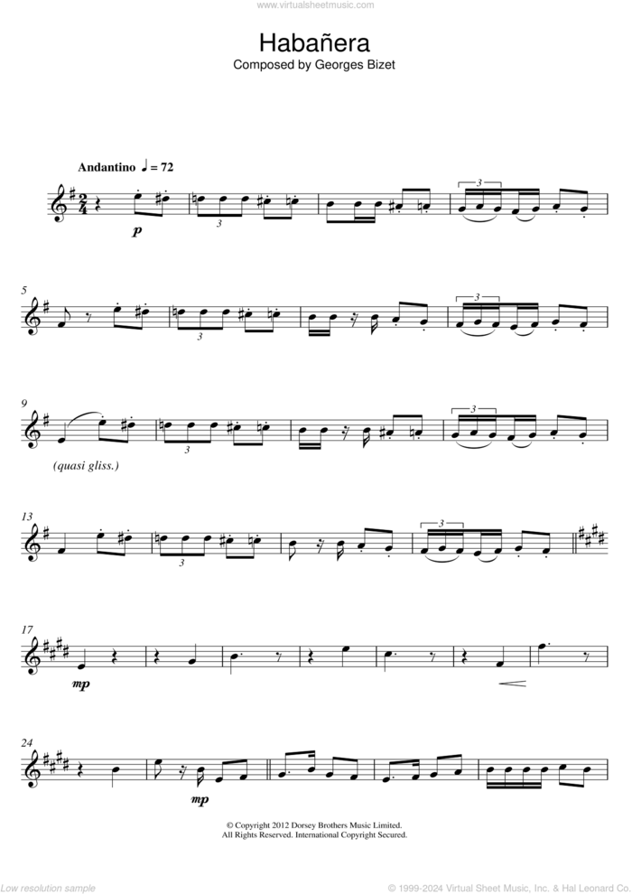 Habanera (from Carmen) sheet music for alto saxophone solo by Georges Bizet, classical score, intermediate skill level