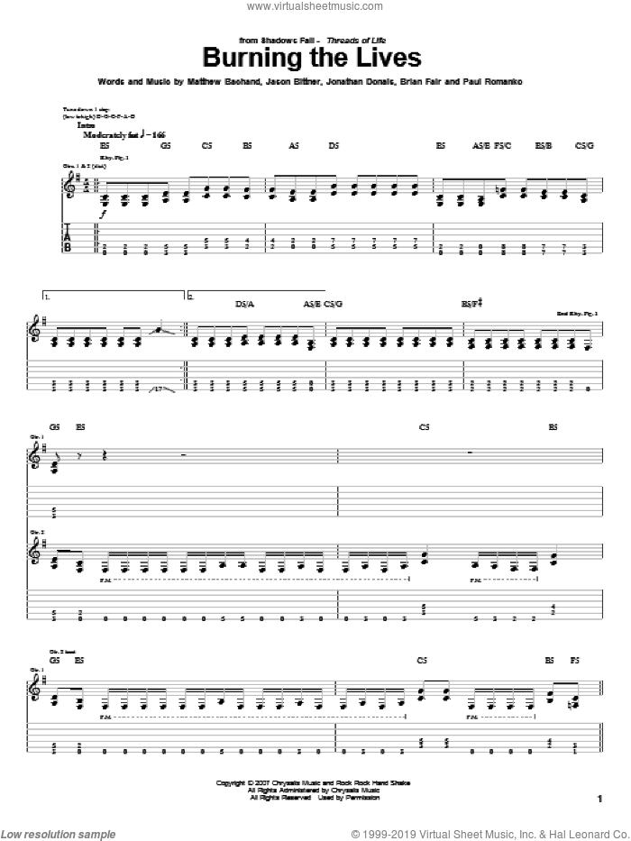 Burning The Lives sheet music for guitar (tablature) by Shadows Fall, Brian Fair, Jason Bittner, Jonathan Donais, Matthew Bachand and Paul Romanko, intermediate skill level