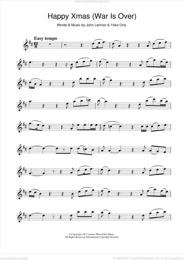 Happy Xmas (War Is Over) sheet music for alto saxophone solo by John Lennon and Yoko Ono, intermediate skill level