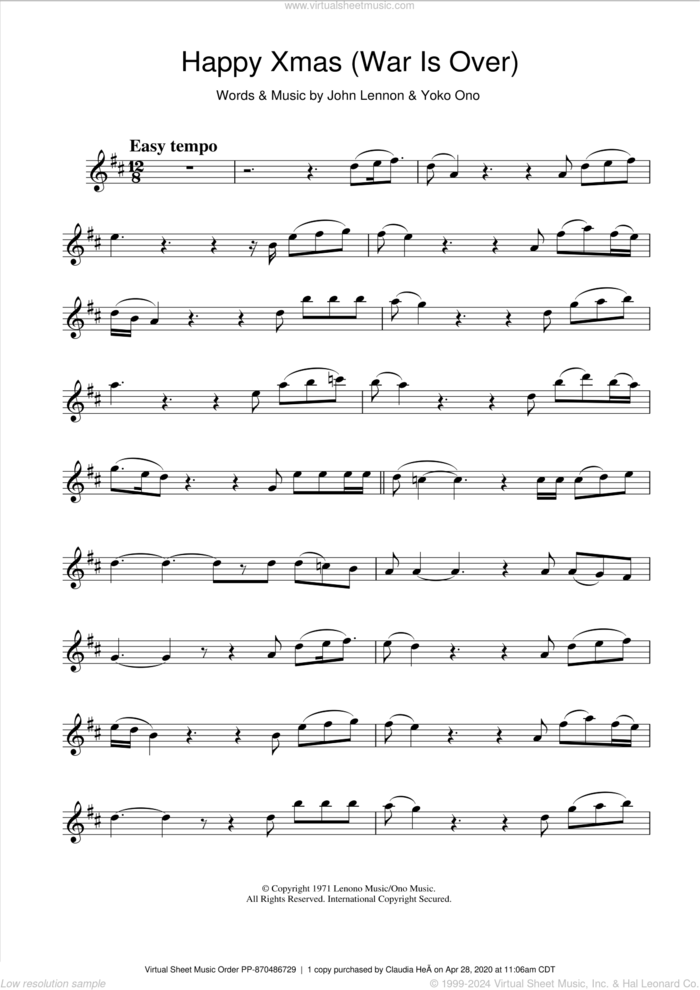 Happy Xmas (War Is Over) sheet music for alto saxophone solo by John Lennon and Yoko Ono, intermediate skill level