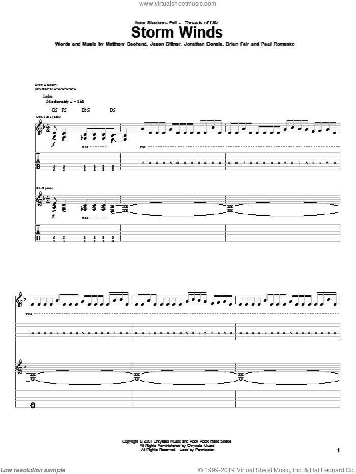 Storm Winds sheet music for guitar (tablature) by Shadows Fall, Brian Fair, Jason Bittner, Jonathan Donais, Matthew Bachand and Paul Romanko, intermediate skill level