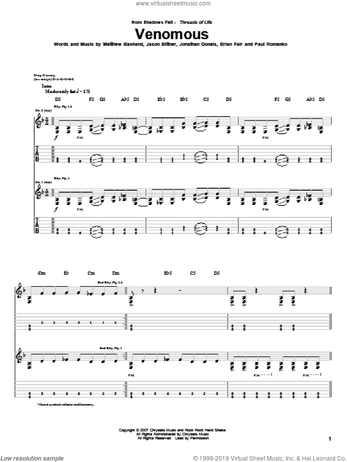 Venomous sheet music for guitar (tablature) by Shadows Fall, Brian Fair, Jason Bittner, Jonathan Donais, Matthew Bachand and Paul Romanko, intermediate skill level
