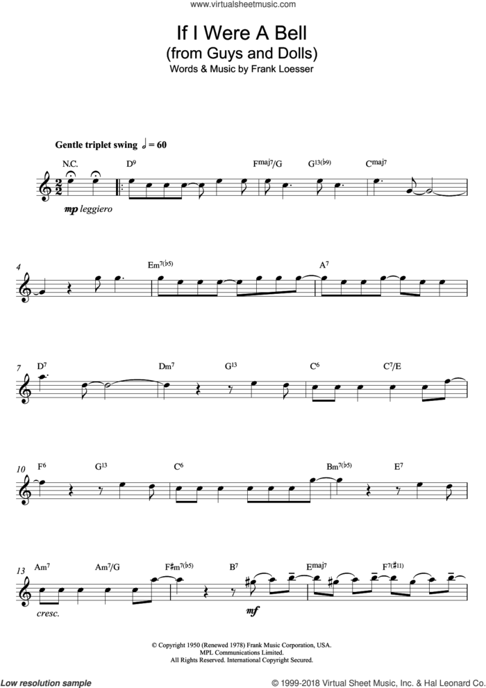 If I Were A Bell (from Guys and Dolls) sheet music for alto saxophone solo by Frank Loesser, intermediate skill level