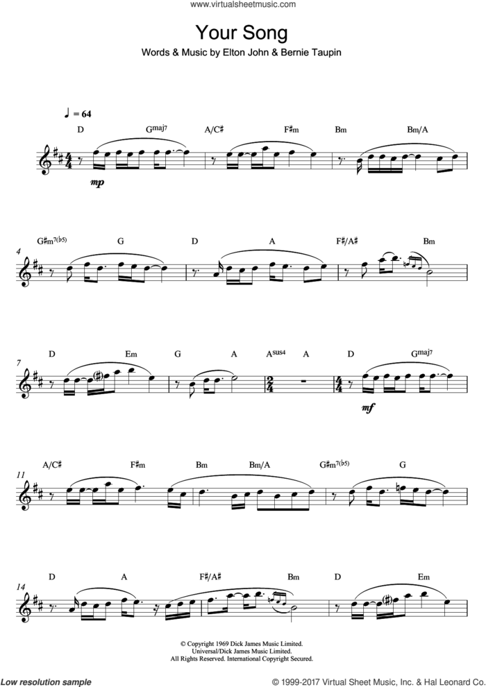 Your Song sheet music for alto saxophone solo by Elton John and Bernie Taupin, intermediate skill level