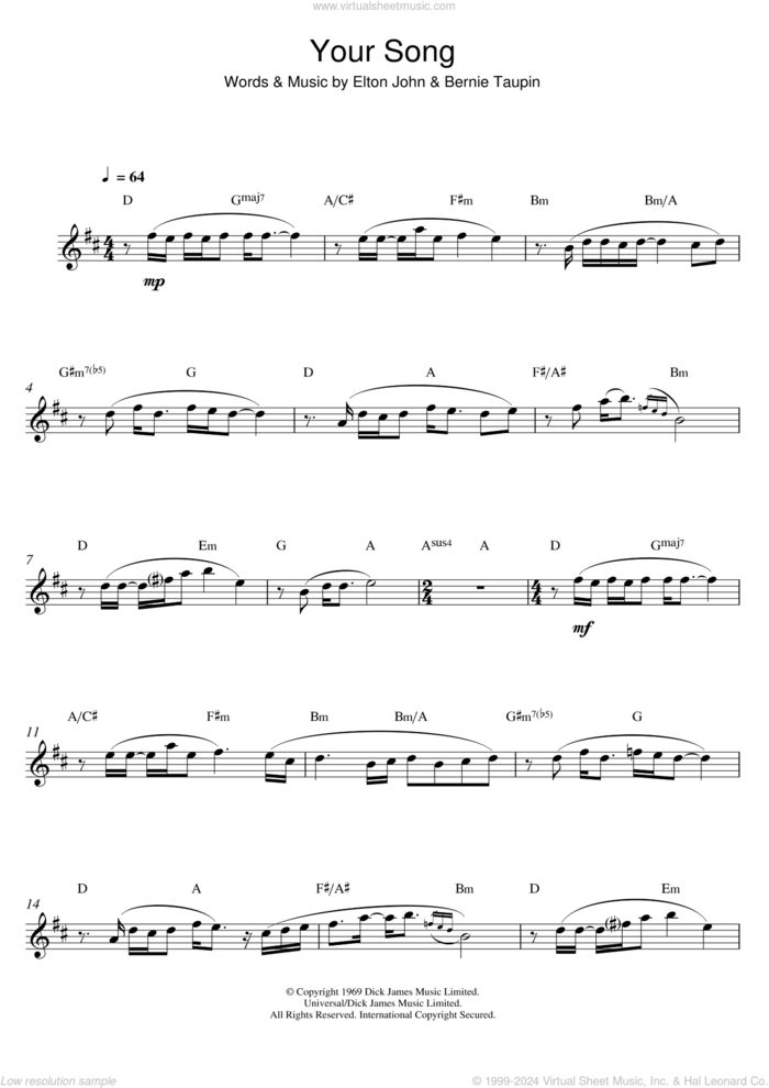 Your Song sheet music for alto saxophone solo by Elton John and Bernie Taupin, intermediate skill level