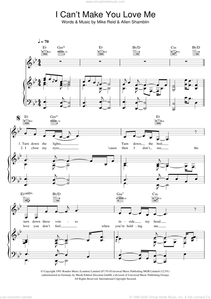 I Can't Make You Love Me sheet music for voice, piano or guitar by Adele, Bonnie Raitt, Allen Shamblin and Mike Reid, intermediate skill level