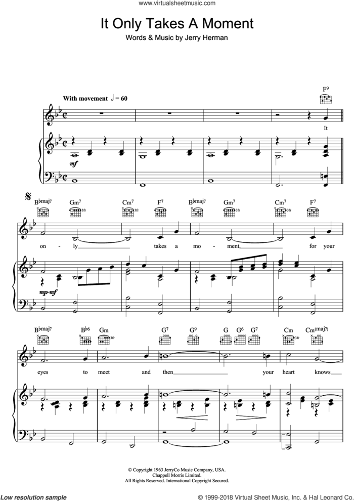 It Only Takes A Moment (from Hello, Dolly!) sheet music for voice, piano or guitar by Hello Dolly and Jerry Herman, intermediate skill level