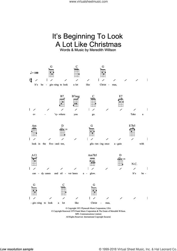 It's Beginning To Look A Lot Like Christmas sheet music for ukulele (chords) by Perry Como and Meredith Willson, intermediate skill level