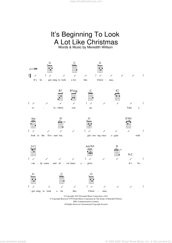 It's Beginning To Look A Lot Like Christmas sheet music for ukulele (chords) by Perry Como and Meredith Willson, intermediate skill level