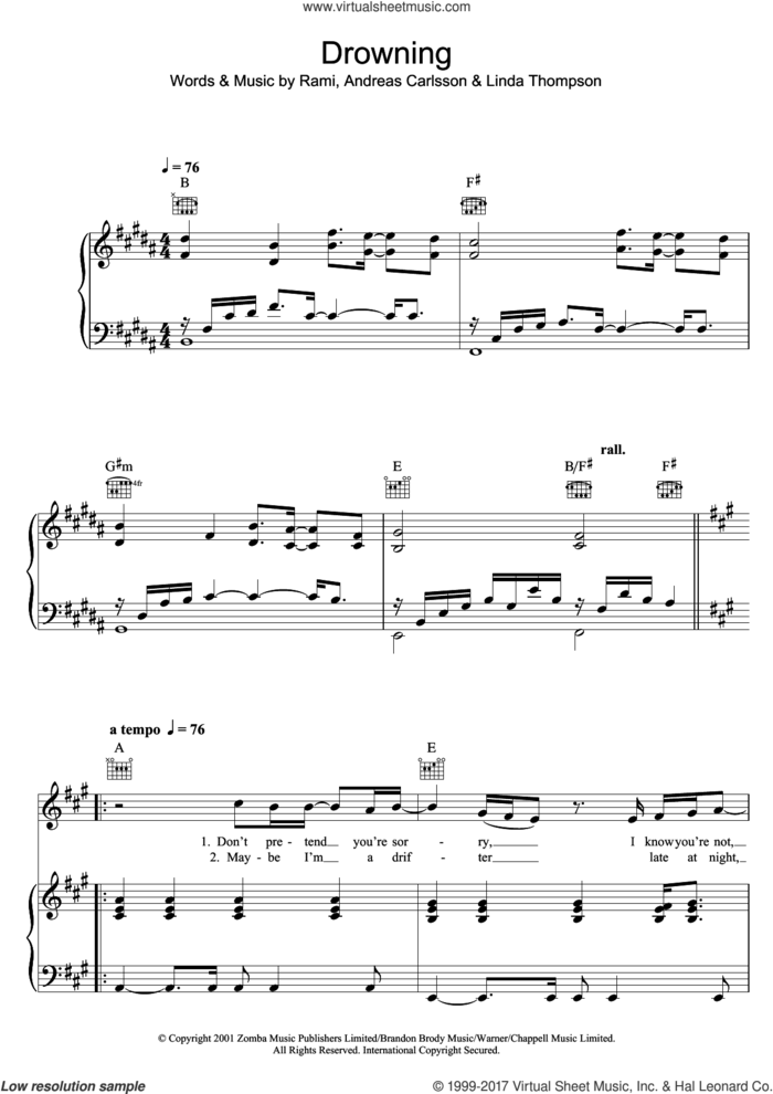 Drowning sheet music for voice, piano or guitar by Backstreet Boys, Andreas Carlsson, Linda Thompson and Rami, intermediate skill level