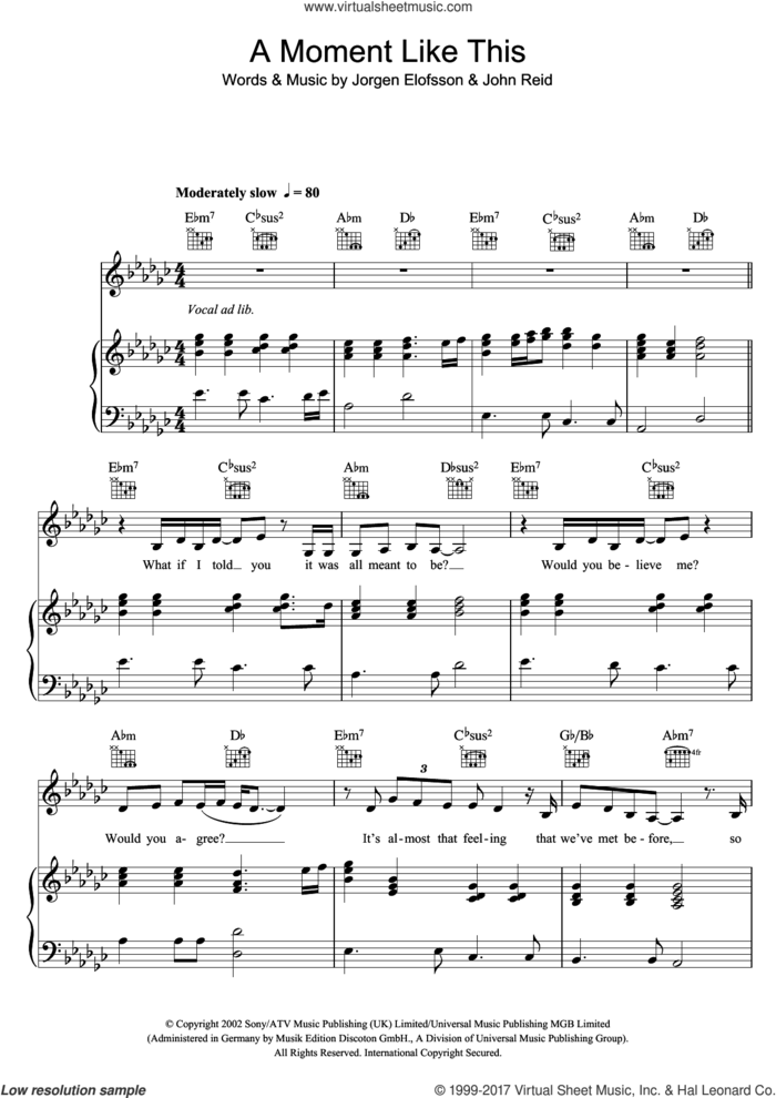 A Moment Like This sheet music for voice, piano or guitar by Leona Lewis, John Reid and Jorgen Elofsson, intermediate skill level