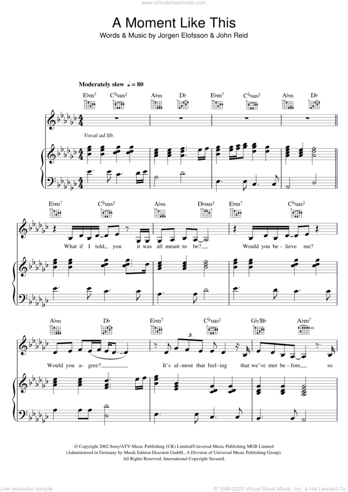 A Moment Like This sheet music for voice, piano or guitar by Leona Lewis, John Reid and Jorgen Elofsson, intermediate skill level