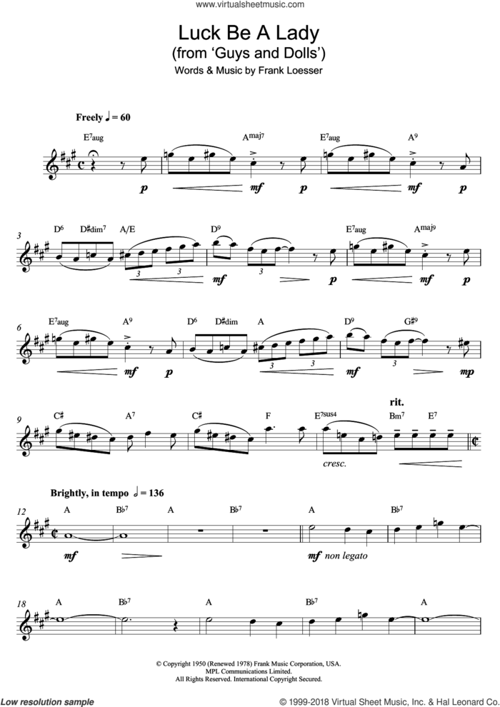 Luck Be A Lady (from 'Guys and Dolls') sheet music for alto saxophone solo by Frank Loesser and Frank Sinatra, intermediate skill level
